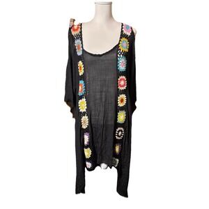 Cellabie Swimsuit Coverup Dress Womens One Size Black Granny Square Boho Crochet